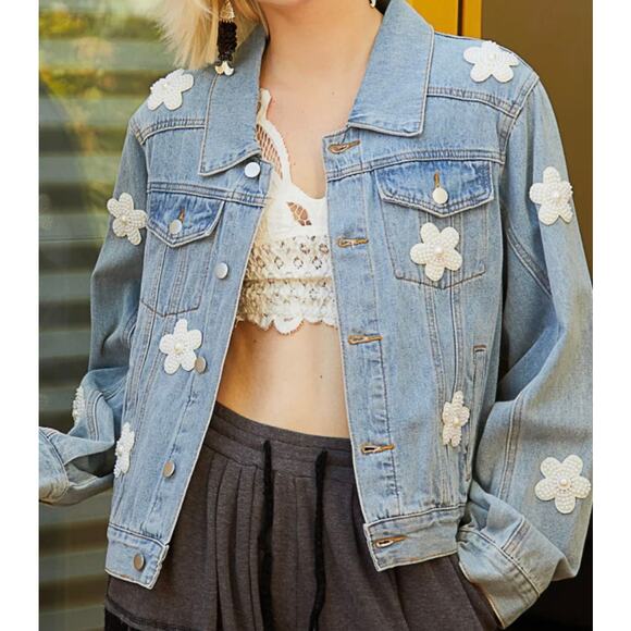 POL Jackets & Blazers - POL Women Pearl Flower Embellished Denim Jacket
